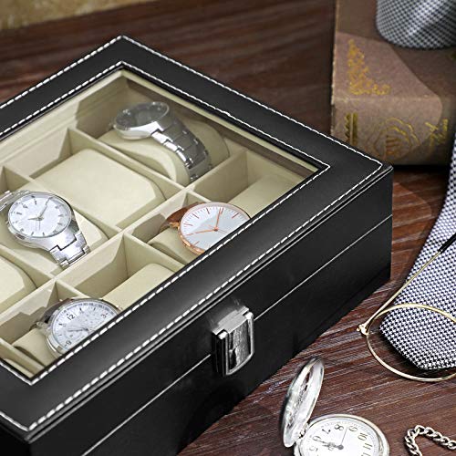 SONGMICS Caja de Relojes con 10 Compartimientos,Estuche de Madera, Tapa de Vidrio, Almohadillas Extraíbles, Forro de Terciopelo, Cierre de Metal, Piel Sintética Negra, Forro Beige, JWB010