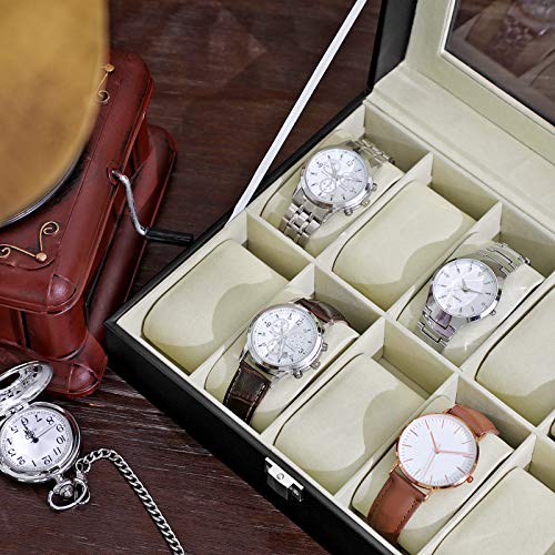 SONGMICS Caja de Relojes con 10 Compartimientos,Estuche de Madera, Tapa de Vidrio, Almohadillas Extraíbles, Forro de Terciopelo, Cierre de Metal, Piel Sintética Negra, Forro Beige, JWB010