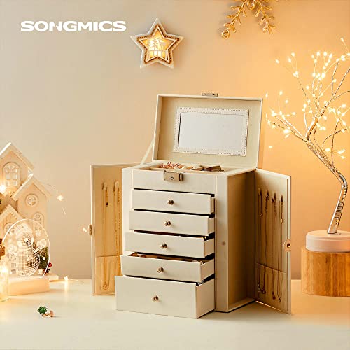 SONGMICS Caja Grande de Joyas, Caja Joyero de 6 Niveles con Puertas Laterales, Cajones, Espejo y Cerradura, para Pulseras, Pendientes, Anillos, Collares, Relojes, Blanco JBC152W01