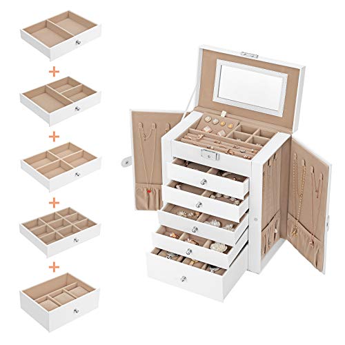 SONGMICS Caja Grande de Joyas, Caja Joyero de 6 Niveles con Puertas Laterales, Cajones, Espejo y Cerradura, para Pulseras, Pendientes, Anillos, Collares, Relojes, Blanco JBC152W01