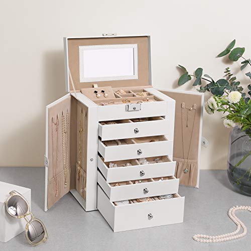 SONGMICS Caja Grande de Joyas, Caja Joyero de 6 Niveles con Puertas Laterales, Cajones, Espejo y Cerradura, para Pulseras, Pendientes, Anillos, Collares, Relojes, Blanco JBC152W01