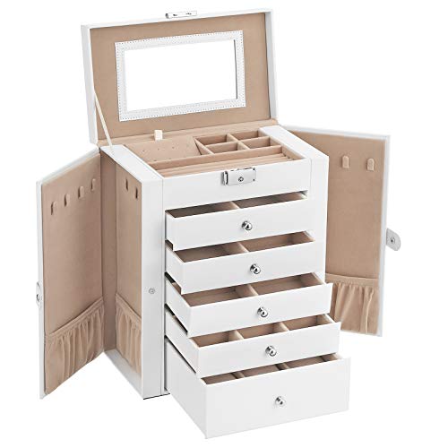 SONGMICS Caja Grande de Joyas, Caja Joyero de 6 Niveles con Puertas Laterales, Cajones, Espejo y Cerradura, para Pulseras, Pendientes, Anillos, Collares, Relojes, Blanco JBC152W01