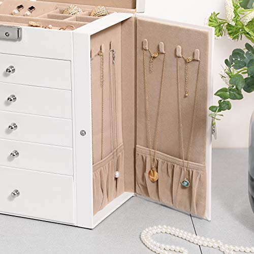 SONGMICS Caja Grande de Joyas, Caja Joyero de 6 Niveles con Puertas Laterales, Cajones, Espejo y Cerradura, para Pulseras, Pendientes, Anillos, Collares, Relojes, Blanco JBC152W01