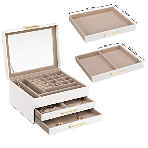 SONGMICS Caja joyero, Caja para Joyas, Organizador de Joyas con Tapa de Cristal, 3 Capas con 2 cajones, Regalo para Seres Queridos, Blanco JBC239WT