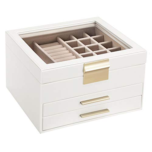 SONGMICS Caja joyero, Caja para Joyas, Organizador de Joyas con Tapa de Cristal, 3 Capas con 2 cajones, Regalo para Seres Queridos, Blanco JBC239WT