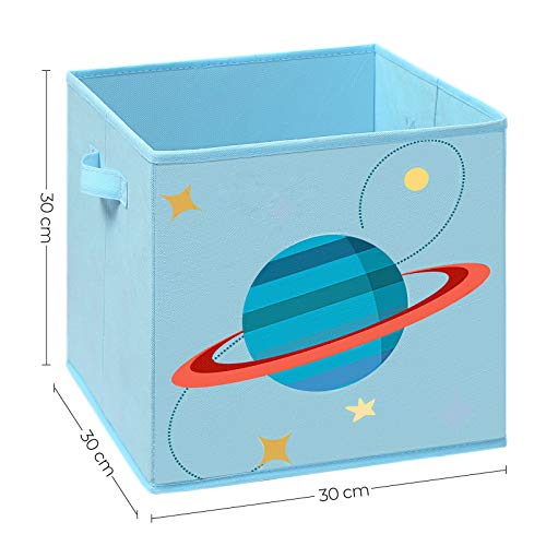 SONGMICS Cajas de Almacenaje, Juego de 3, Organizadoras de Juguetes, Cubos Plegables con Asas, para Habitación de Niños, Sala de Juegos, 30 x 30 x 30 cm, Tema del Espacio, Azul, Verde y Rosa RFB001Y03