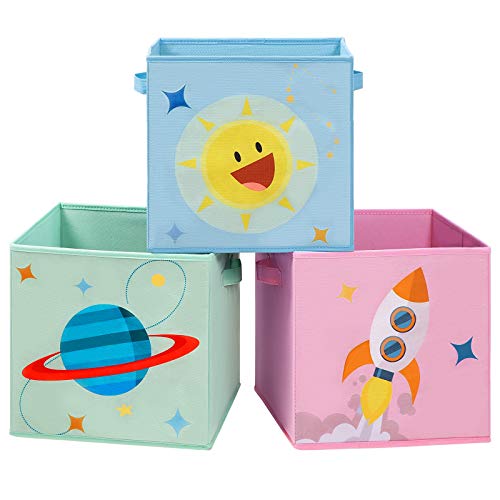 SONGMICS Cajas de Almacenaje, Juego de 3, Organizadoras de Juguetes, Cubos Plegables con Asas, para Habitación de Niños, Sala de Juegos, 30 x 30 x 30 cm, Tema del Espacio, Azul, Verde y Rosa RFB001Y03