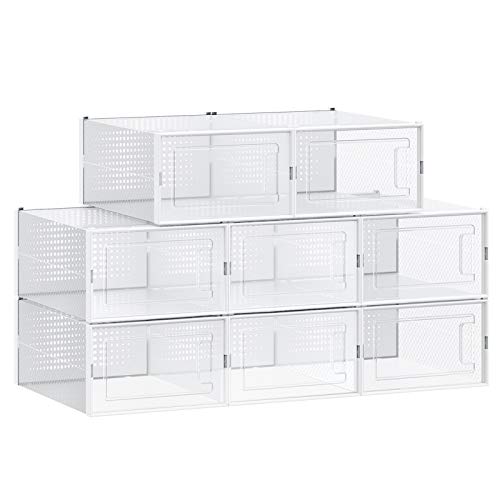 SONGMICS Cajas de Zapatos, Paquete de 8 Organizadores de Almacenamiento, Plegables y Apilables para Zapatillas hasta Talla 46, Transparente y Blanco LSP08MWT