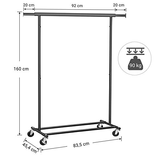 SONGMICS Estante de Ropa para Cargas Pesadas, Soporte de Ropa Rodante, 90 kg de Carga, con Riel de Suspensión extensible, Parte Inferior Abatible, Estante Inferior de Almacenamiento, Negro HSR13BKV1