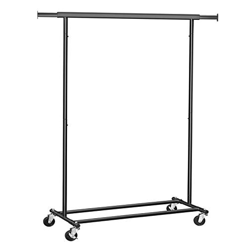 SONGMICS Estante de Ropa para Cargas Pesadas, Soporte de Ropa Rodante, 90 kg de Carga, con Riel de Suspensión extensible, Parte Inferior Abatible, Estante Inferior de Almacenamiento, Negro HSR13BKV1