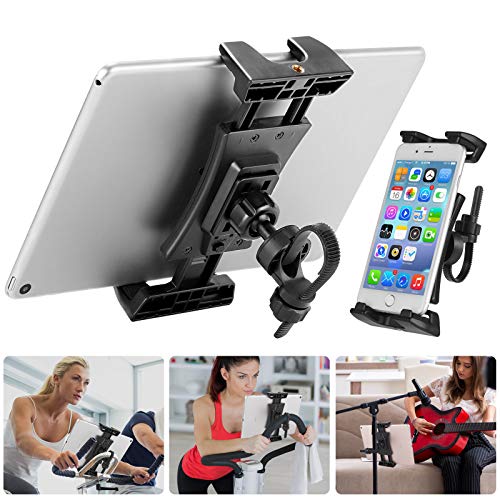 Soporte Tablet Bicicleta Estática, Soporte Tablet Portátil para Micrófono/Bici Rodillo/Bici Elíptica, Soporte Móvil Tablet Ajustable para iPad Mini, iPad Air, iPad Pro y iPhone 4.7-12.9 Pulgadas