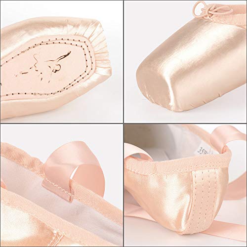 Soudittur Zapatillas de Ballet de Punta Pointe Zapatos Satén con Puntera de Gel de Silicona y Cintas para Niñas Rosa EU 37