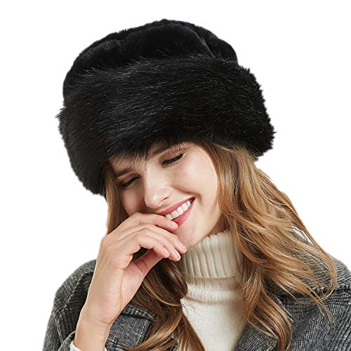 soul young Gorro de Mujer de Zorro Falso de Piel Cossack en Estilo Ruso Leopardo(Negro)