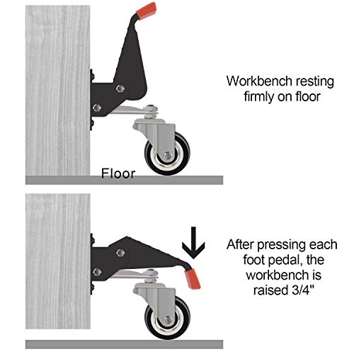 SPACEKEEPER Kit de ruedas para banco de trabajo 400 KG - Rueda retráctil resistente de 3 pulgadas diseñada para bancos de trabajo, maquinaria y mesas, paquete de 4