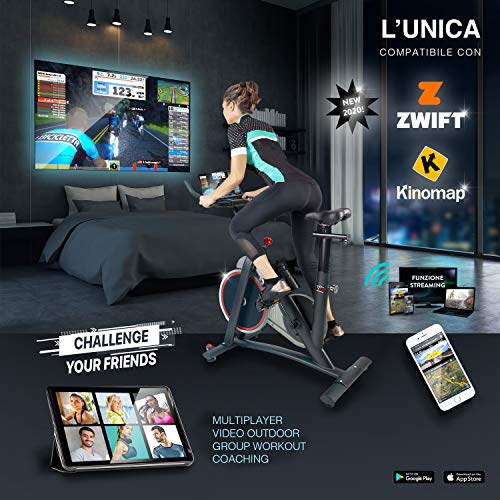 Spinning Bike YM Spinn 2000 - Bicicleta de spinning para casa, resistencia magnética para un pedal flotante, pantalla LCD, Bluetooth + aplicación ZWIFT y KINOMAP, sillín y manillar ajustables