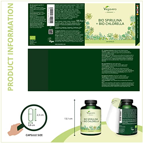 Spirulina + Chlorella Orgánica Vegavero® | 2000 mg | 240 Cápsulas | Testado en Laboratorio | Algas Marinas | Superfood rica en Clorofila | Cansancio + Energía | BIO