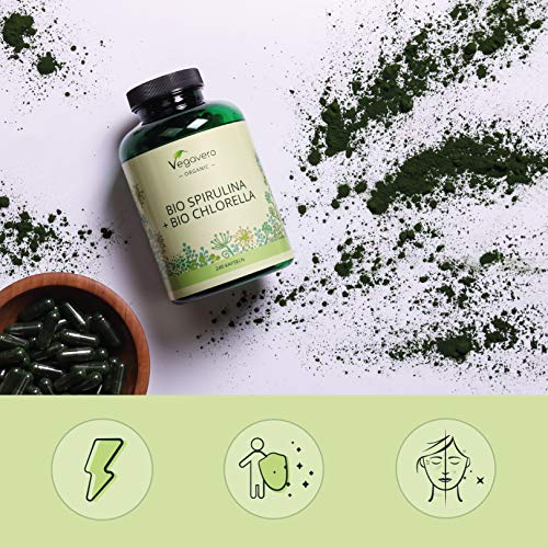 Spirulina + Chlorella Orgánica Vegavero® | 2000 mg | 240 Cápsulas | Testado en Laboratorio | Algas Marinas | Superfood rica en Clorofila | Cansancio + Energía | BIO