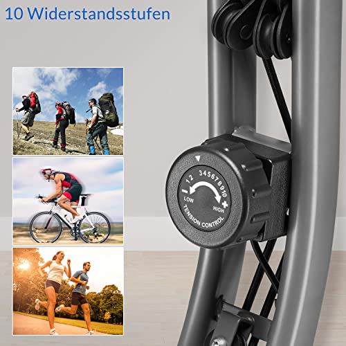 Sportana Bicicleta Estática Plegable Compatible Apps 2 Bandas y Disco Fitness 10 Niveles Resistencia