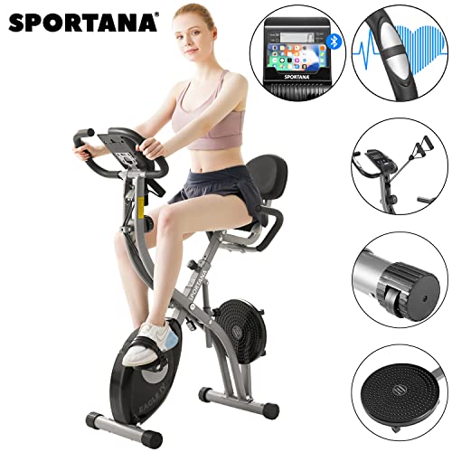 Sportana Bicicleta Estática Plegable Compatible Apps 2 Bandas y Disco Fitness 10 Niveles Resistencia