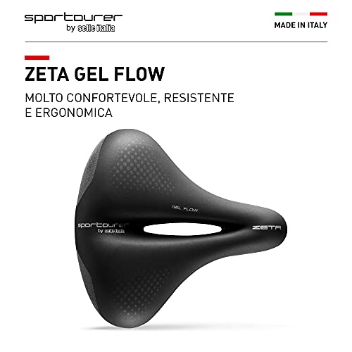 Sportourer by Selle Italia - Zeta Comfort Gel Superflow, Sillín de Bicicleta City, de Gel Suave, con Tecnología Reflectante para Baja Visibilidad, Resistente al Agua - Negro