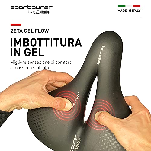 Sportourer by Selle Italia - Zeta Comfort Gel Superflow, Sillín de Bicicleta City, de Gel Suave, con Tecnología Reflectante para Baja Visibilidad, Resistente al Agua - Negro