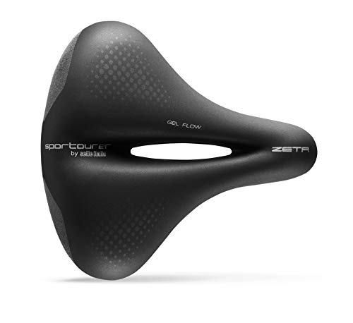 Sportourer by Selle Italia - Zeta Comfort Gel Superflow, Sillín de Bicicleta City, de Gel Suave, con Tecnología Reflectante para Baja Visibilidad, Resistente al Agua - Negro