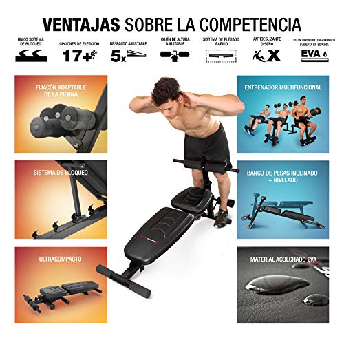 Sportstech Banco de Pesas Innovador 8en1 | Diseño Único | Material Acolchado EVA | Sistema de Plegado Inteligente | Banco Musculación BRT500 | Base Antideslizante | Banco Predicador incl. Póster