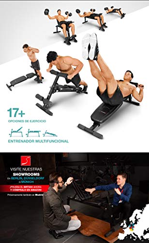 Sportstech Banco de Pesas Innovador 8en1 | Diseño Único | Material Acolchado EVA | Sistema de Plegado Inteligente | Banco Musculación BRT500 | Base Antideslizante | Banco Predicador incl. Póster