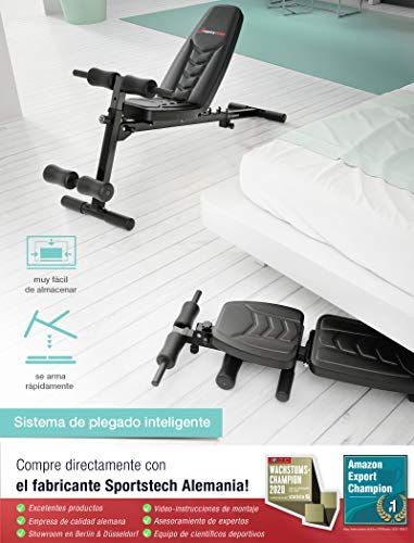 Sportstech Banco de Pesas Innovador 8en1 | Diseño Único | Material Acolchado EVA | Sistema de Plegado Inteligente | Banco Musculación BRT500 | Base Antideslizante | Banco Predicador incl. Póster