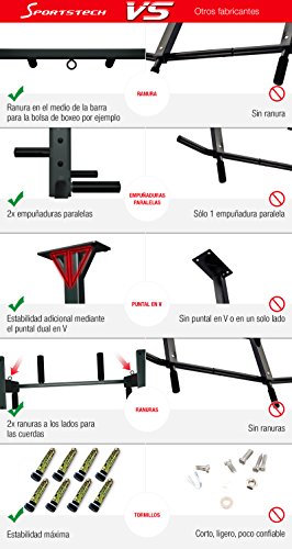 Sportstech Barra de dominadas para Techo 4en1 KS400, 3 Ranuras para TRX & Bolsa de Boxeo, 6 empuñaduras Antideslizantes, Muy Estable, Montaje en Techo, fijación y 8 Resistentes Tacos