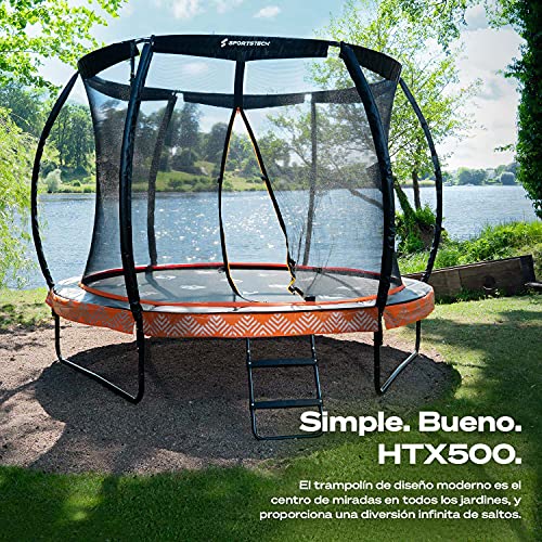 Sportstech Cama Elástica HTX500 | con aspersor de Agua de 360° + Bolas Multicolor | Juegos de Exterior - Trampolín para jardín - hasta 100/120 kg + Red de Seguridad | Ø 244/305 cm para niños