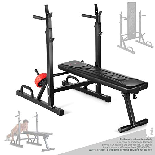 Sportstech Innovador Banco de Pesas 21en1 con Soporte para Discos y Asas para Flexiones, Sistema de Plegado Inteligente, Banco de Entrenamiento Plegable BRT300, Pies Antideslizantes, Acolchado EVA