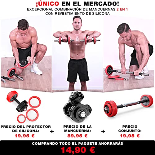 Sportstech Juego de Mancuernas 2en1 AH300 con Recubrimiento de Silicona y Barra Ajustable, Pesas Hierro Fundido de 20 kg / 30 kg, para Entrenamiento de Fuerza (AH300 - Set de 15Kg x 2)