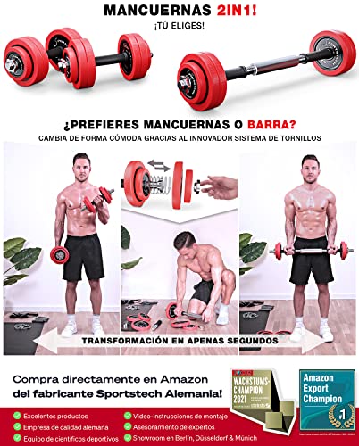 Sportstech Juego de Mancuernas 2en1 AH300 con Recubrimiento de Silicona y Barra Ajustable, Pesas Hierro Fundido de 20 kg / 30 kg, para Entrenamiento de Fuerza (AH300 - Set de 15Kg x 2)