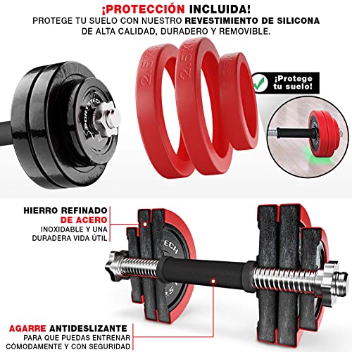 Sportstech Juego de Mancuernas 2en1 AH300 con Recubrimiento de Silicona y Barra Ajustable, Pesas Hierro Fundido de 20 kg / 30 kg, para Entrenamiento de Fuerza (AH300 - Set de 15Kg x 2)