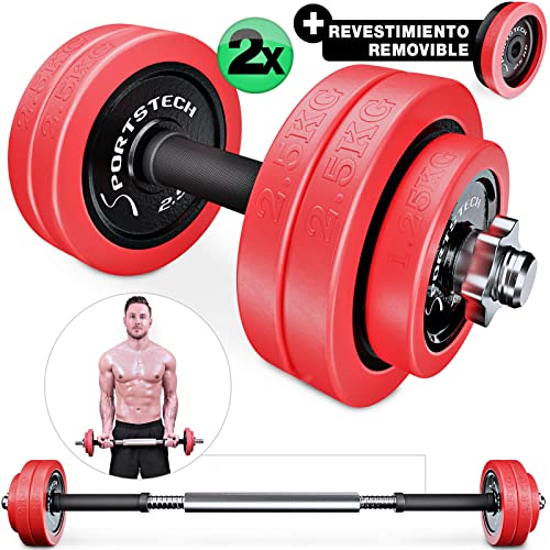 Sportstech Juego de Mancuernas 2en1 AH300 con Recubrimiento de Silicona y Barra Ajustable, Pesas Hierro Fundido de 20 kg / 30 kg, para Entrenamiento de Fuerza (AH300 - Set de 15Kg x 2)