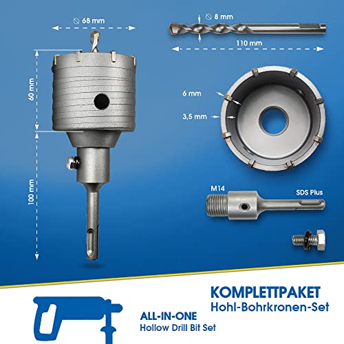 S&R Sierra Corona Perforadora Hormigon en seco Ø 68mm + Adaptador SDS Plus 110 mm + Broca 8 x 110 mm