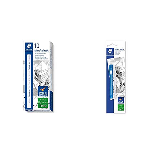 STAEDTLER 528 55 Goma, 10 unidades + 528 50BKDA. Portagomas para papel y papel vegetal. Paquete con una unidad de goma de recarga.