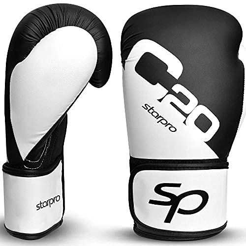 Starpro C20 Guantes de Boxeo de Cuero PU para Entrenamiento Sparring en Muay Thai Kickboxing Fitness - Hombres y Mujeres - Negro y Blanco - 8oz 10oz 12oz 14oz 16oz