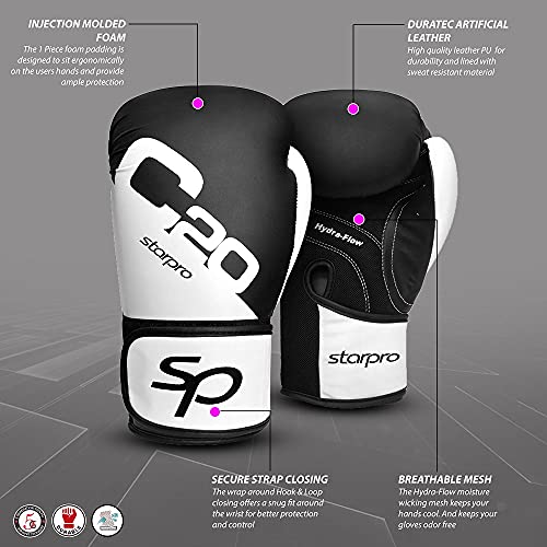 Starpro C20 Guantes de Boxeo de Cuero PU para Entrenamiento Sparring en Muay Thai Kickboxing Fitness - Hombres y Mujeres - Negro y Blanco - 8oz 10oz 12oz 14oz 16oz