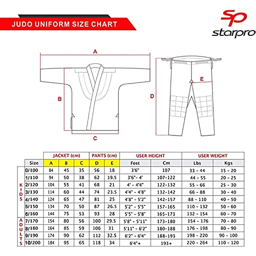 Starpro Judogi 250 Gramos | Algodón de Primera Calidad | Blanco | Judogi Profesional para Entrenamiento y competición | Hombres Mujeres y Niños | 100-170 cm | Incluye cinturón Blanco Gratis