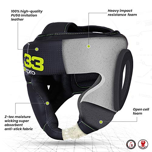 Starpro M33 Casco Boxeo de Cuero sintético Mate - Protección para la Cabeza y Las mejillas para Sparring en Boxeo Muay Thai Kickboxing Entrenamiento y peleas - Hombres y Mujeres - Negro y Verde