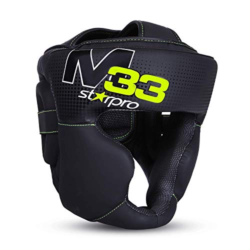 Starpro M33 Casco Boxeo de Cuero sintético Mate - Protección para la Cabeza y Las mejillas para Sparring en Boxeo Muay Thai Kickboxing Entrenamiento y peleas - Hombres y Mujeres - Negro y Verde