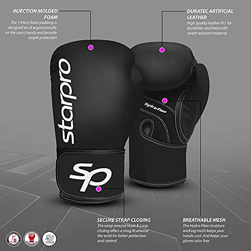 Starpro Niños Performer Single Shell Guantes de Boxeo | Cuero sintético | Negro | para Entrenamiento y Sparring de jóvenes en Muay Thai Kickboxing Fitness y boxercise | Niños 4oz 6oz