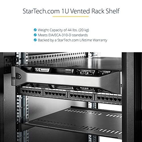 StarTech.com Bandeja Estante Ventilado de 1U para Armario Rack de Servidores de 19 Pulgadas - de 16 Pulgadas de Profundidad - de Acero de Servicio Pesado - con 20kg de Capacidad - Negro (CABSHELF116V)