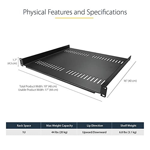 StarTech.com Bandeja Estante Ventilado de 1U para Armario Rack de Servidores de 19 Pulgadas - de 16 Pulgadas de Profundidad - de Acero de Servicio Pesado - con 20kg de Capacidad - Negro (CABSHELF116V)