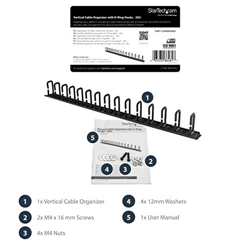 StarTech.com Panel Guiacables para Rack de Servidores Vertical 0U con Anillas para Cables con forma de D - Panel de Gestión de Cables para Rack de Red 20U - Organizador de Cables de 85 cm (CMVER20UD)