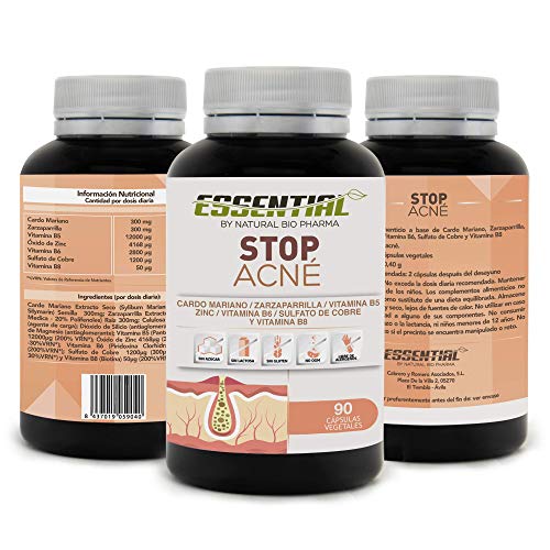 STOP ACNÉ | Elimina el Acné y Previene su Aparición | Tratamiento Eficaz Contra Espinillas y Puntos Negros Grasos | Cardio Mariano + Zarzaparrilla + Zinc + Cobre + Vit. B5, B6, B8 | 90 caps. vegetales