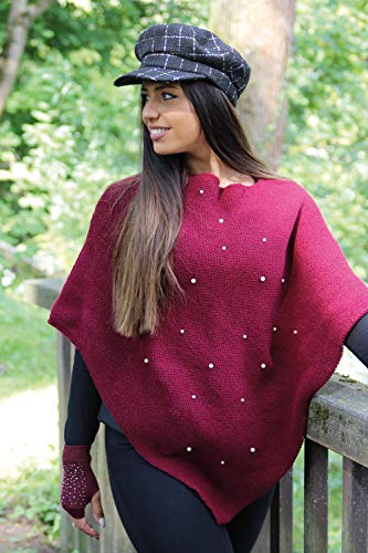 styleBREAKER Poncho de Punto Fino de Mujer con aplicación de Perlas, Cuello Redondo 08010056, Color:Curry