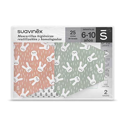 SUAVINEX Mascarillas Infantiles 6-10 Años Higiénicas Reutilizables Certificadas y Homologadas. 3 Capas. 25 Ciclos de Lavado. Fabricadas en España, 2 Unidades, Verde y Rosa 30 g (401309)